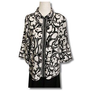 ALIA PETITES Black white bold floral print 3/4th sleeve blouse ~ MEDIUM LARGE